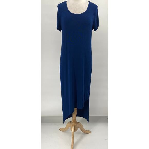 Chicos Travelers Stretchy Knit Midi Dress Asymmetrical High Low Hem Blue Medium - Picture 2 of 11